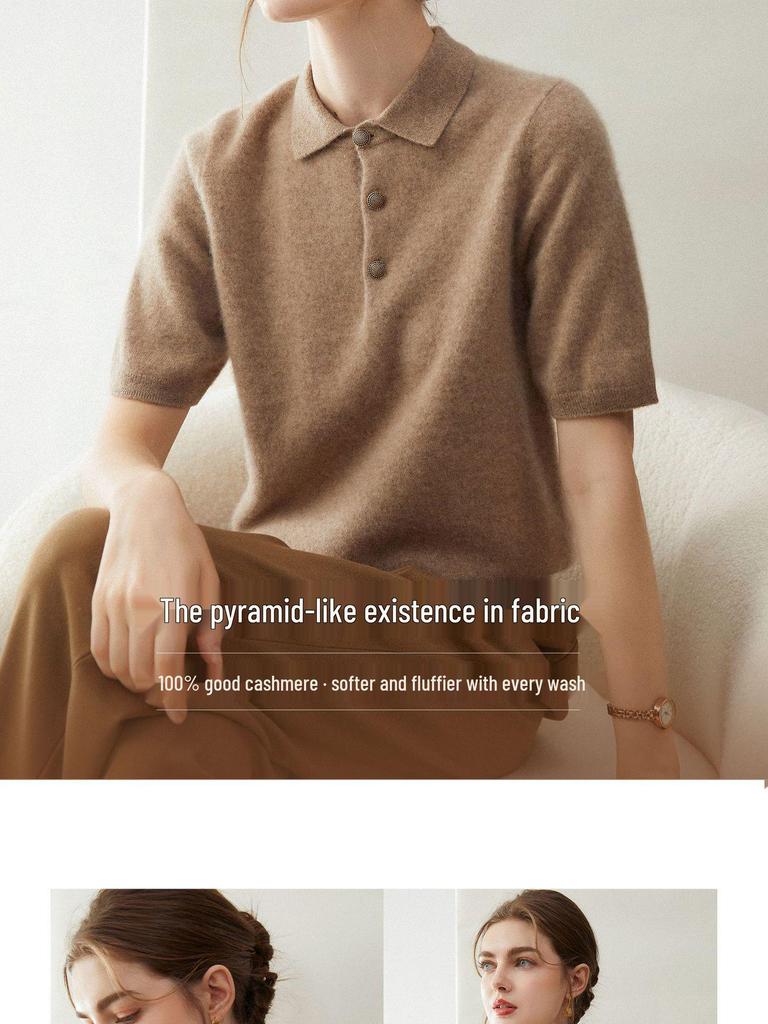 Women's Short Sleeve Soft Cashmere Knit Sweater Vest - Polo Collar, Slimming, Autumn/Winter Base Layer