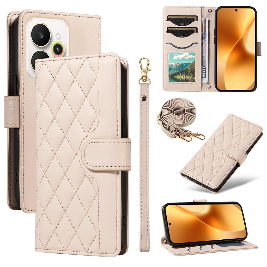 Etui Portfelowe ze Skóry Rhombus z Paskiem na Telefon dla Realme 15 Pro 5G/Realme 15 5G