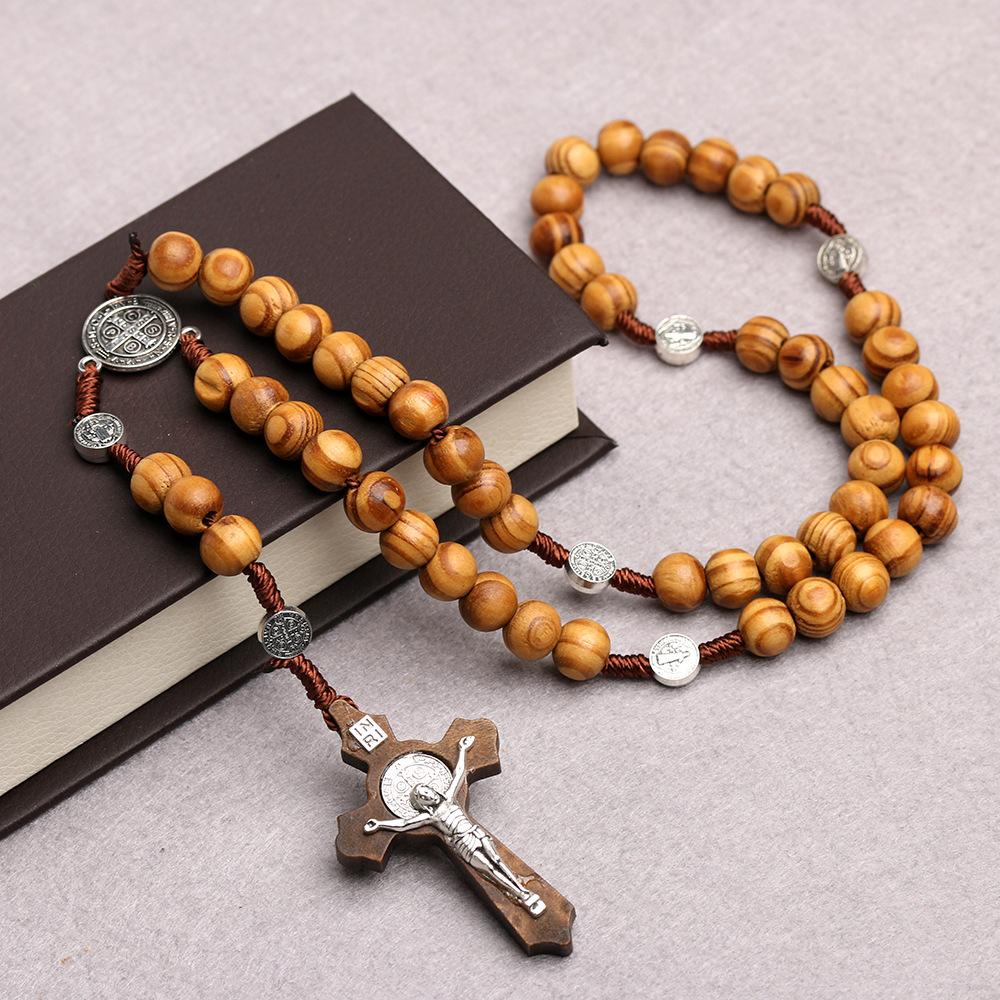 Black Handmade Wood Beads Rosary Necklace For Women Men Christian Cross Virgin Mary Crucifix Pendant Chain Religion Jewelry