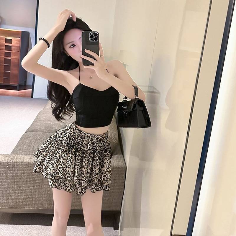 Leopard Print High Waist Mini Skirt With Pleated Design For Summer Fashion