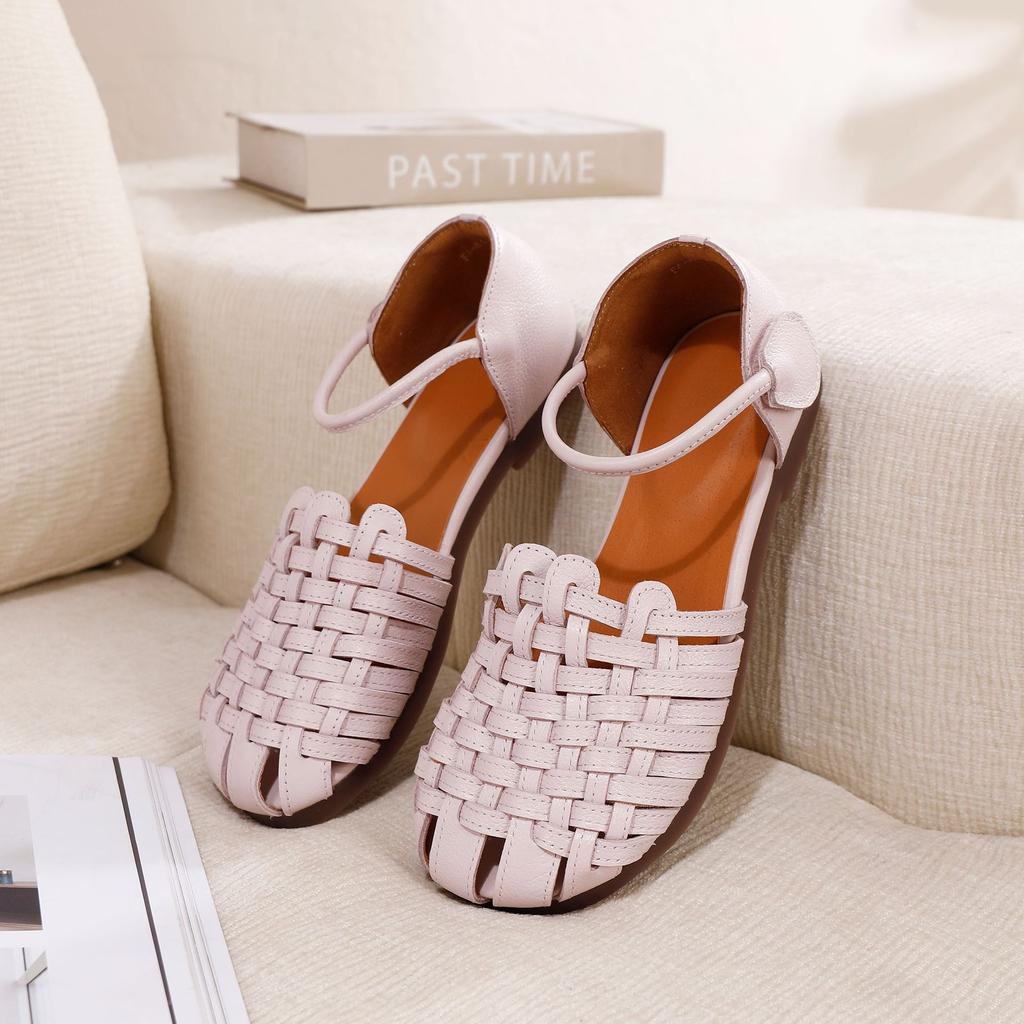 Johnature Hand Woven Cowhide Flat Sandals Retro Genuine Leather Round Toe Soft Soled Women's Shoes