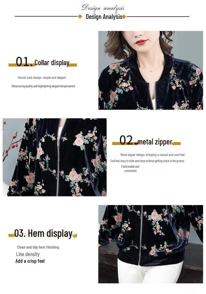 Women's Casual Gold Velvet Baseball Jacket - Korean Style, Loose Fit, Long Sleeve. Perfect for Spring & Autumn.