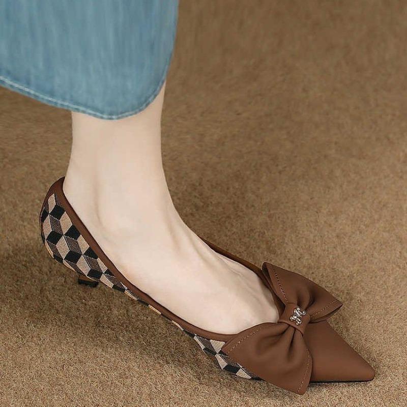 Women's Fashion Chic Plaid Glod Metal Flats Shoes New Low Heel Women Bow Knot Toe Pointed Toes Slip on Shoe Female Party Dress
