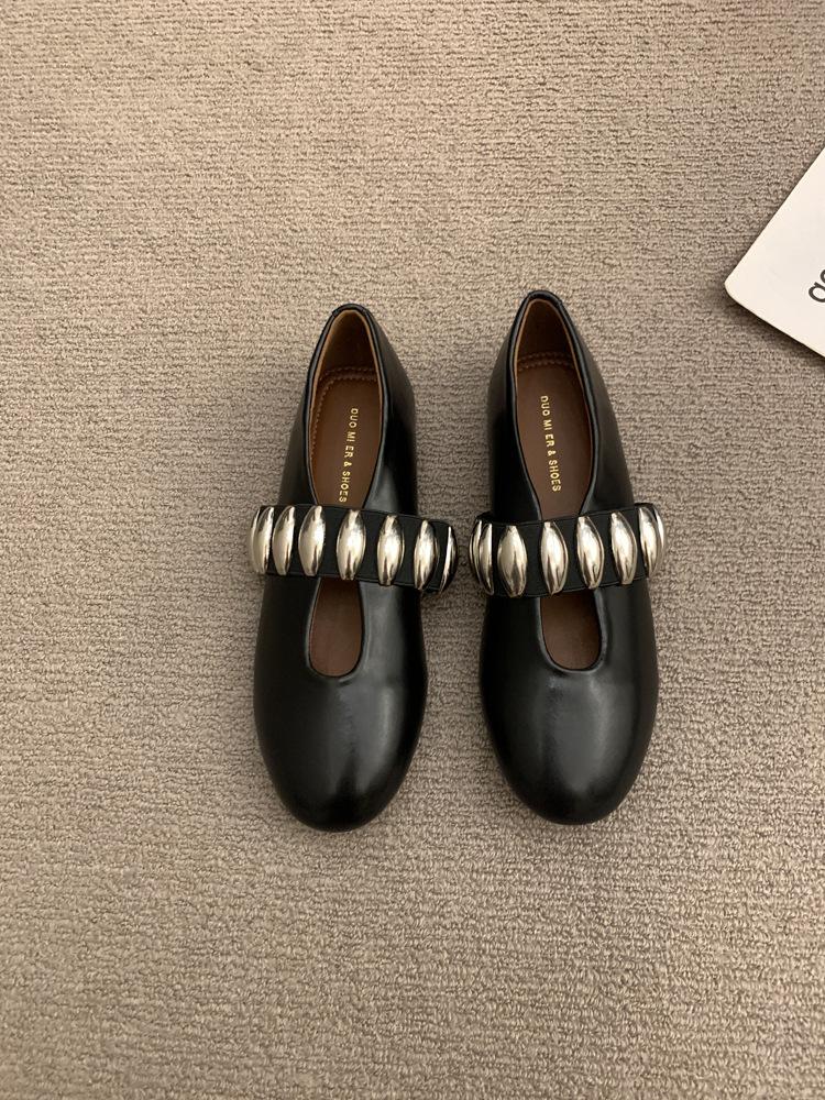

Spring And Autumn Round Head One-Word Elastic Metal Flat-Bottomed Mary Jane Single Shoes Women S Niche Versatile Small Leather Shoes 39 чорний