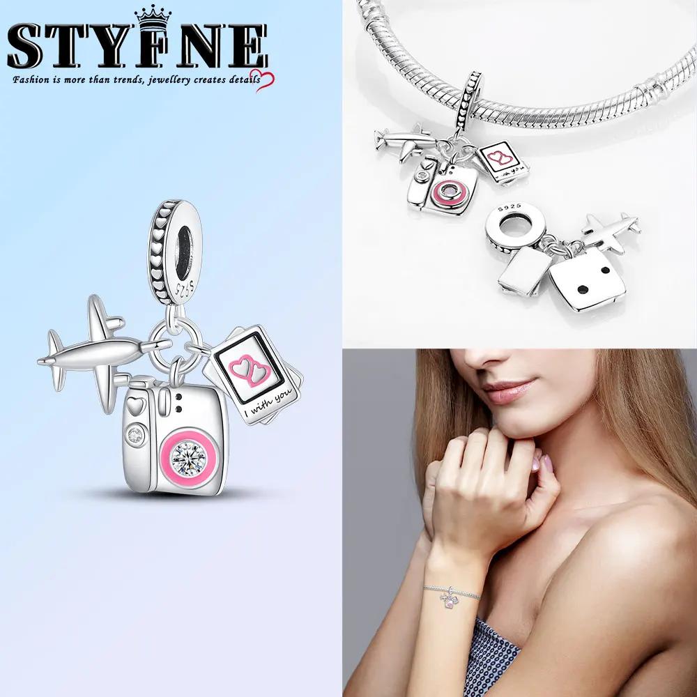 Anniversary Luggage Airplane Passport Three-Piece Set Copper Charms Fit Original Bracelet Jewelry Making For Women Gift