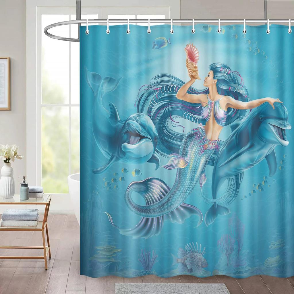 Mermaid Shower Curtain Tail Fish Girls Kids Cartoon Ocean Heart Colorful Purple Hair Seaweed Bath Decor with Hooks Waterproof