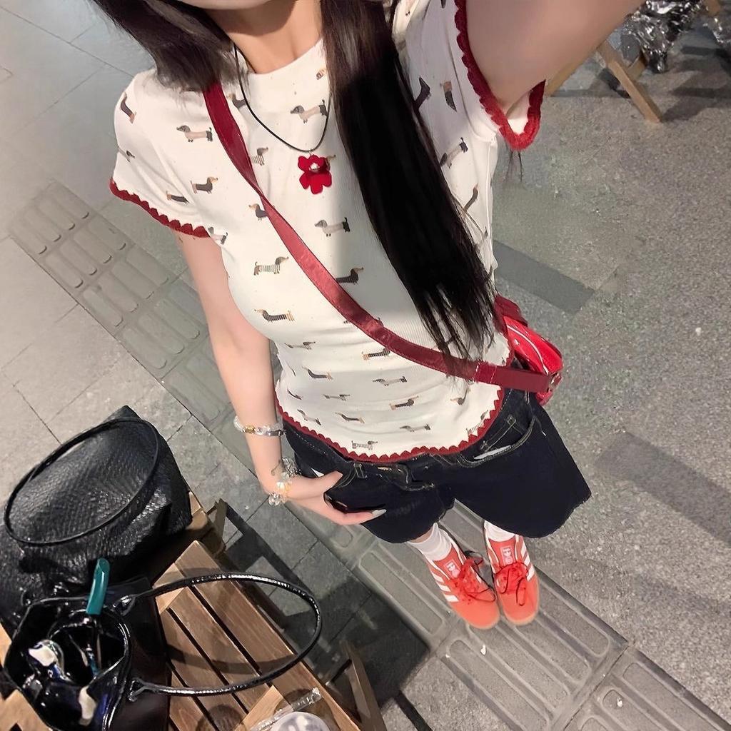 Korean version contrasting color sausage puppy printed short-sleeved T-shirt women's summer new fashion foreign style age-reducing thin top tide