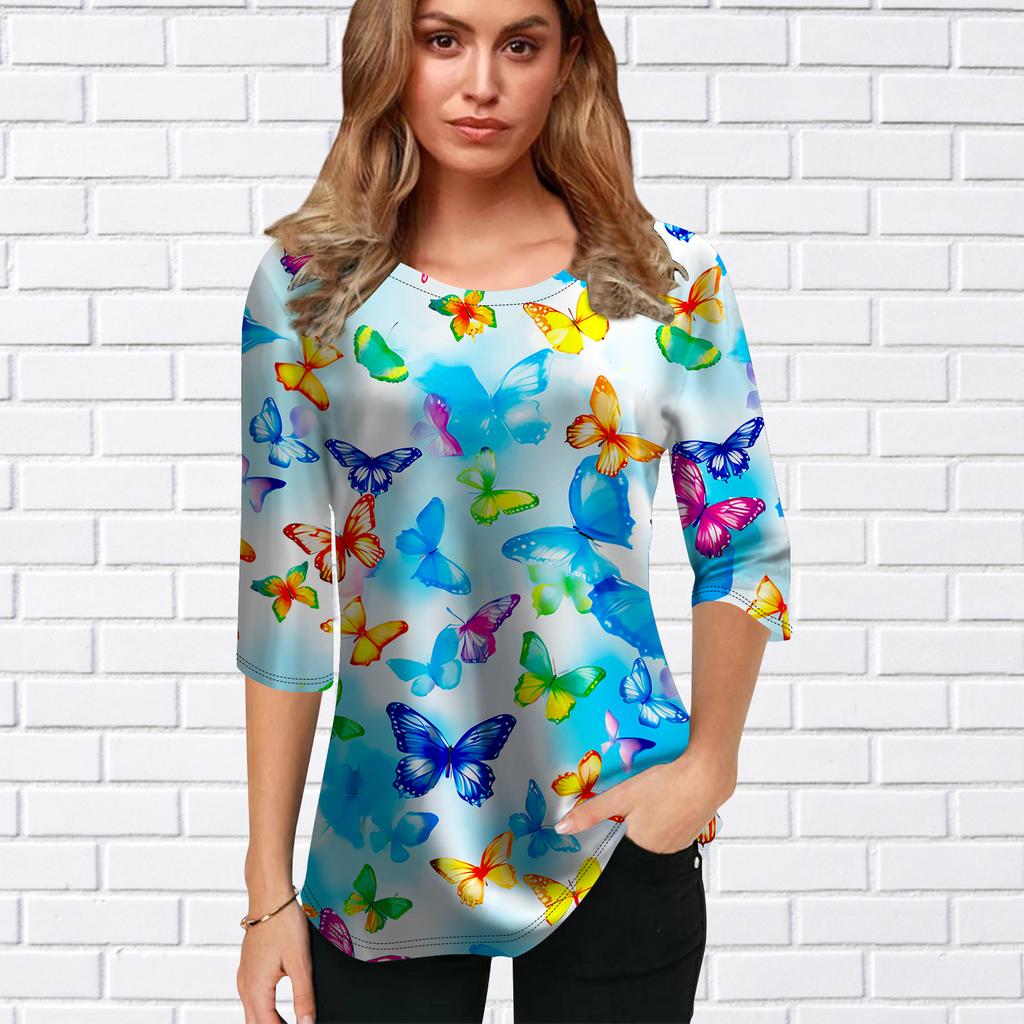 Womens Blouse 3D Colorful Butterfly Printing Flower Half Sleeve Tops Summer Casual Tops Printed Round Neck Half Sleeve T Shirt