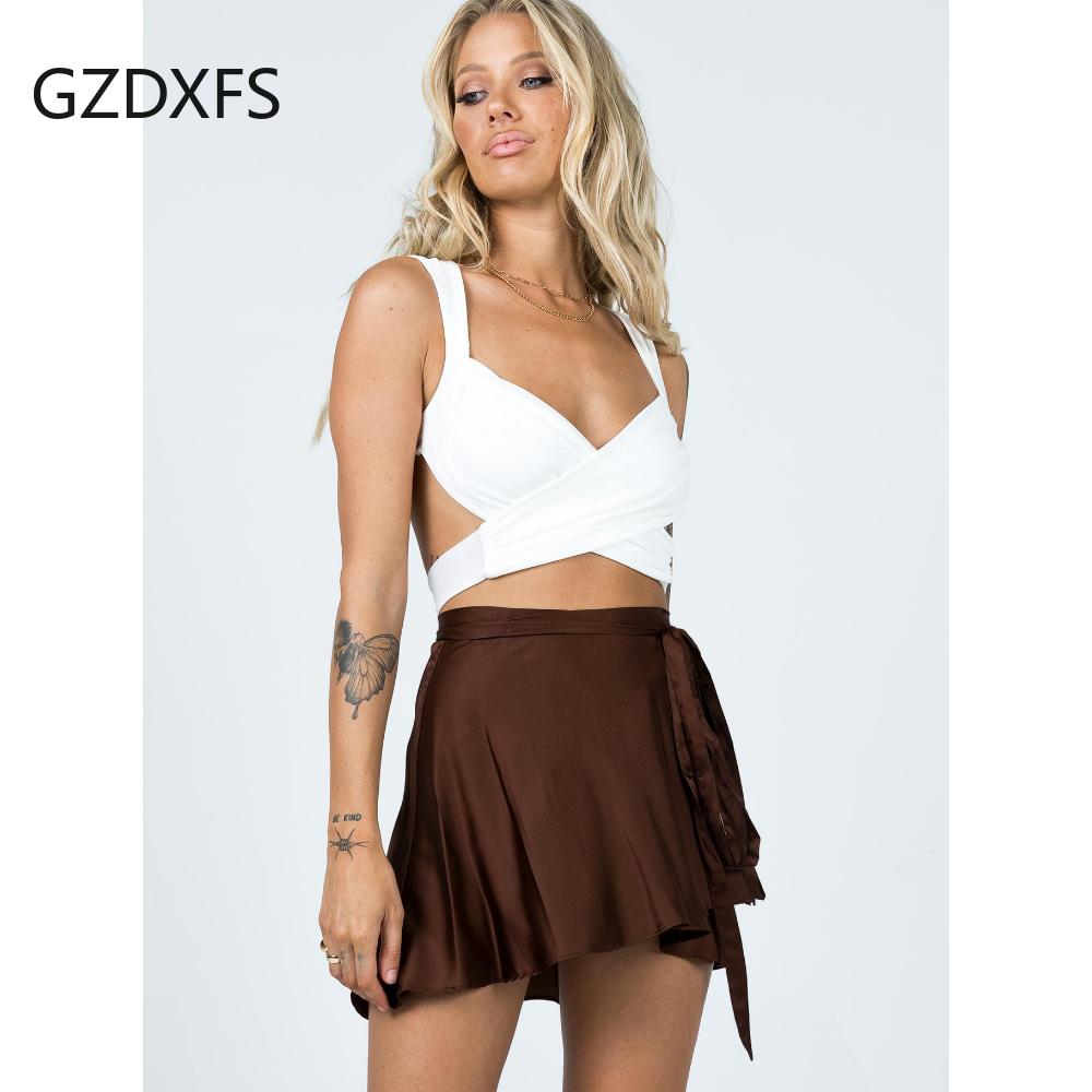 Falda de Color Sólido Cintura Alta Moda Una Pieza Falda Corta con Cordones Falda Cruzada de SATÉN de Gasa