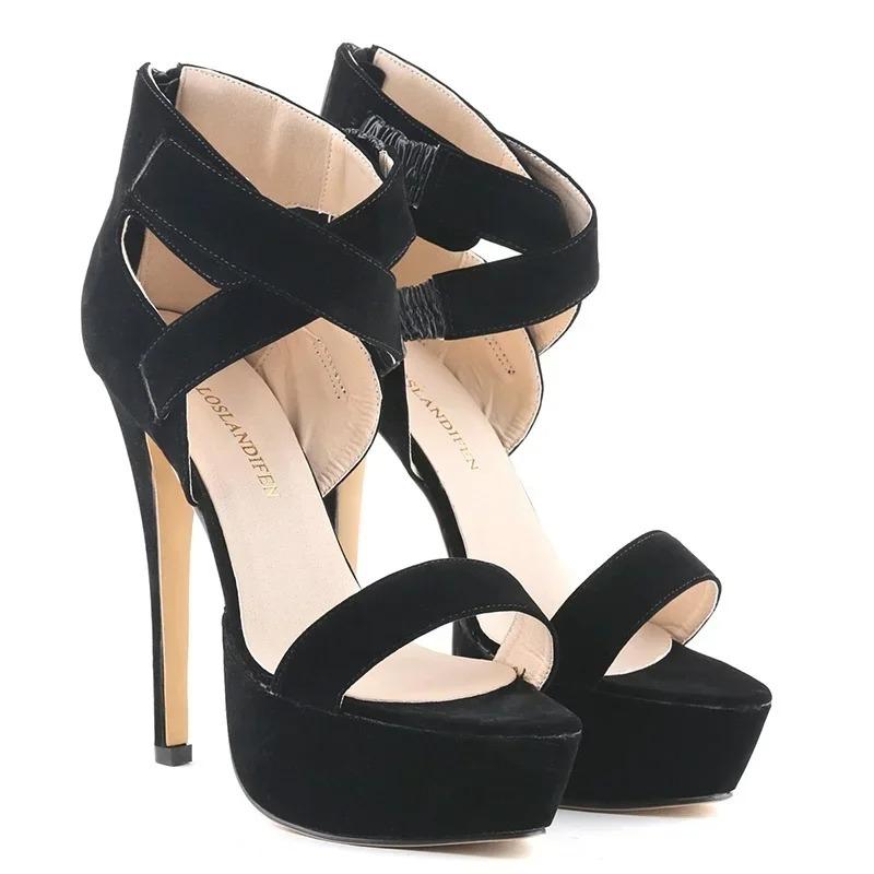 

Женские туфли-стилетто, сексуальные сандалии на танкетке с перекрестными ремешками и пряжкой, платформа, 14 см высокий каблук, туфли-лодочки, массивный блочный каблук, вечерние, свадебные туфли 35 чёрный