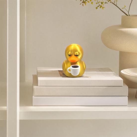 3D Printed Coffee Duck Collectible Figurine, Detailed Gold Duck Holding Coffee Cup Desk Decor for Colleagues And Friends