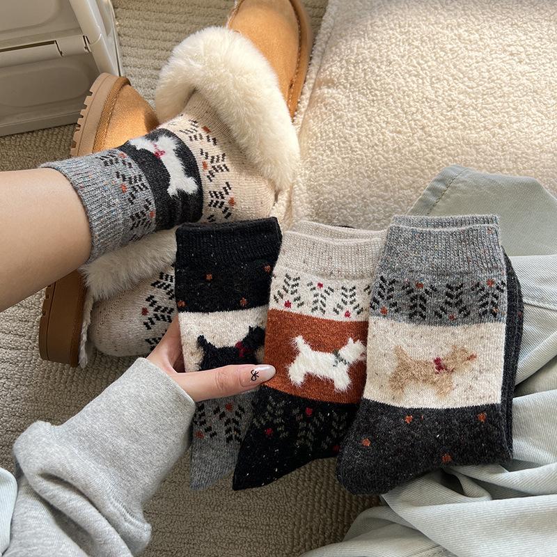 Vintage Fair Island Puppy Wool Socks Thickened Warm Tube Socks Stockings Stacking Socks Cute Plush Socks