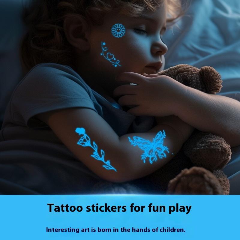 1/6 Sheets Blue Luminous Glow Tattoo Sticker Waterproof Temporary Finger Wrist Body Art False Butterfly Tattoo