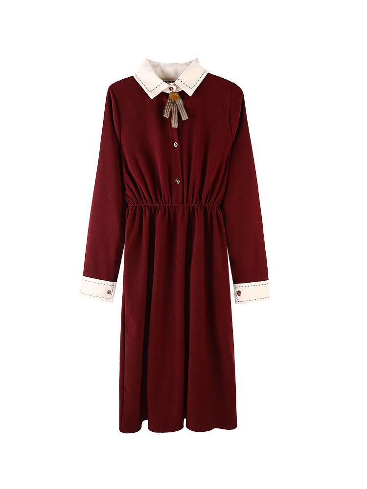 Vestido vintage francés adorables de manga larga con cintura recogida y vuelo grande para mujer