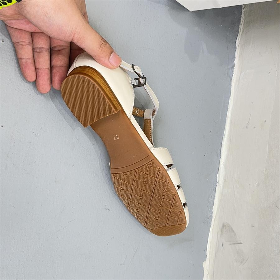 Johnature Handmade Genuine Leather Sandals Versatile Round Toe Buckle Strap Cowhide Flat Women's Shoes