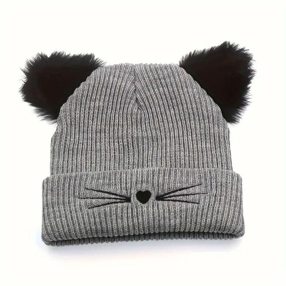 Embroidery Cat Ear Beanie Faux Fur Winter Hat Cute Kawaii Beanie For Women