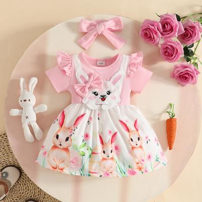 2026 Baby Girl Easter Dress Set: Short-Sleeved Faux Overalls with Rabbit Badge Skirt + Headband, for Ages 0-3.