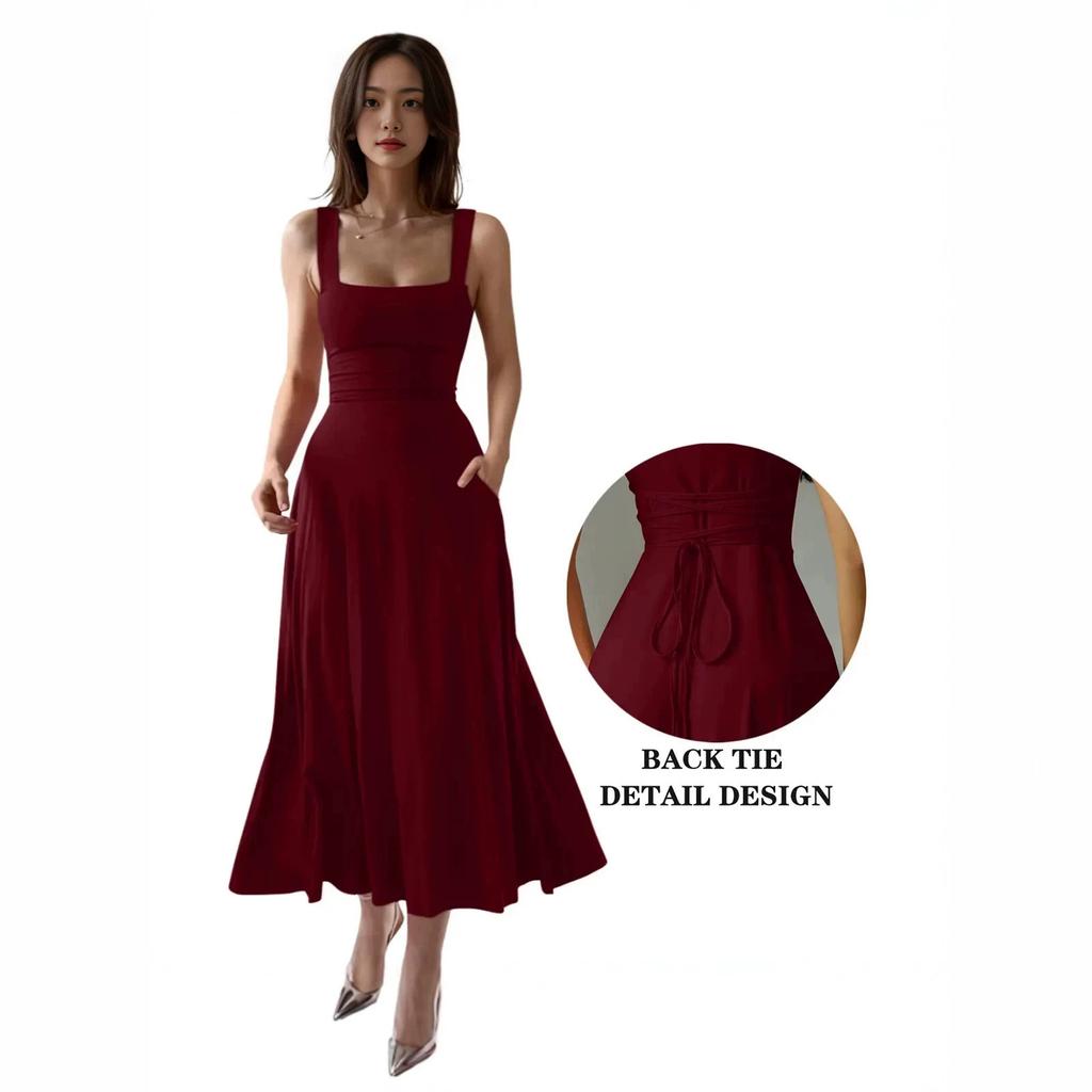 Damen Dickes Träger Square Neck Rückenbindung Figurbetontes Maxikleid A-Linie Party Abend Langkleid