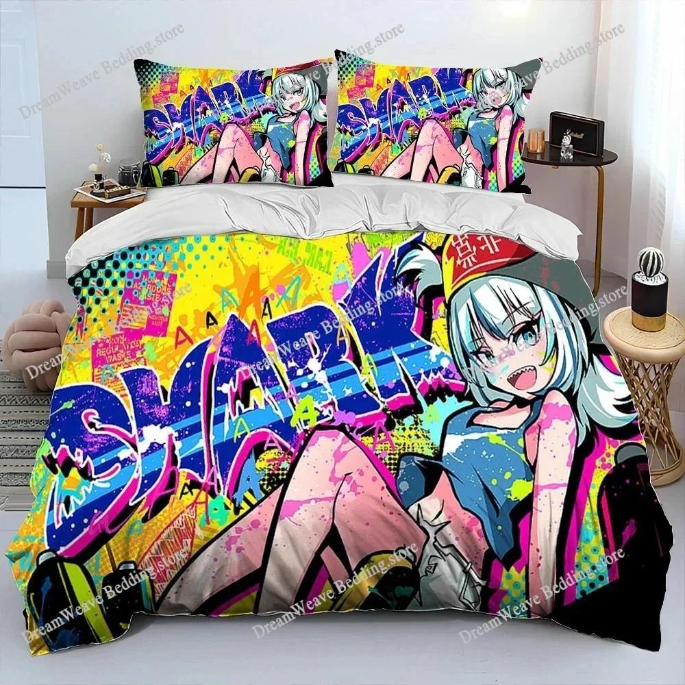 Cute Gawr Gura Hololive Anime Shark Bedding Set Duvet Cover Bed Set Quilt Cover Pillowcase Comforter King Queen Size Boys Adult7