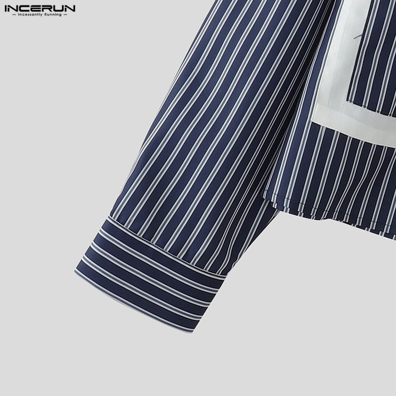 INCERUN Übergroße Herren Langarm Gestreiftes Druckhemd Lässig Locker Knopfleisten-Oberteile