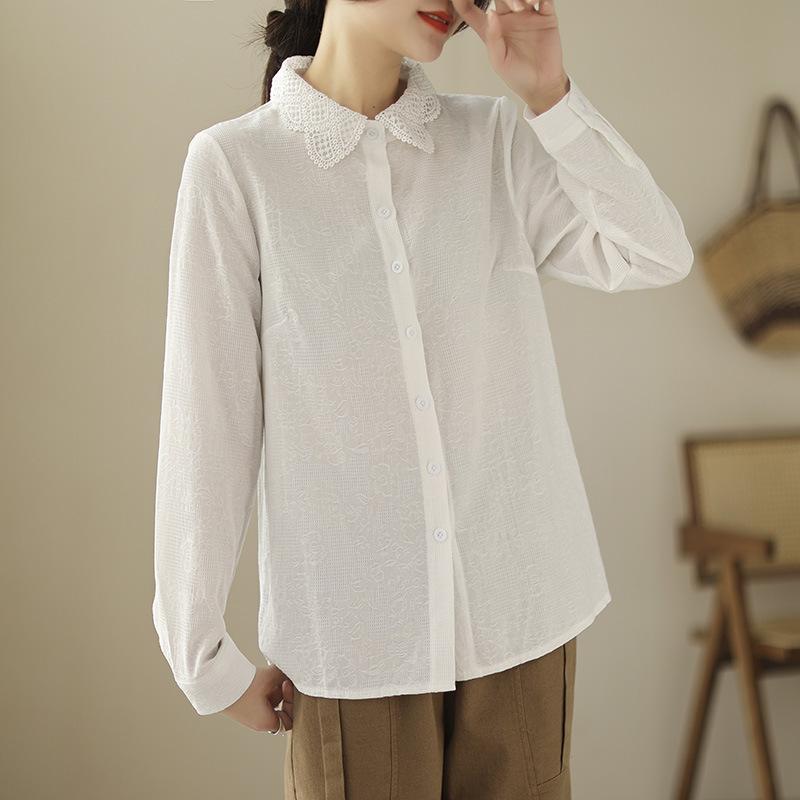 1116 New Jacquard Embroidered Cotton Shirt Women's Foreign Style Cotton Women's Shirt Lace Collar