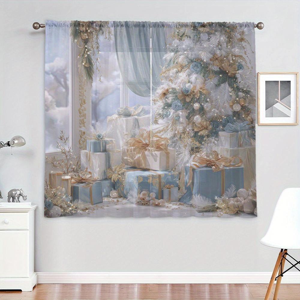 2 Pcs Christmas Blue & Gold Gift Tree Curtains – Festive Holiday Print for Kitchen Cafe Dining Room Balcony Garden Bedroom Decor