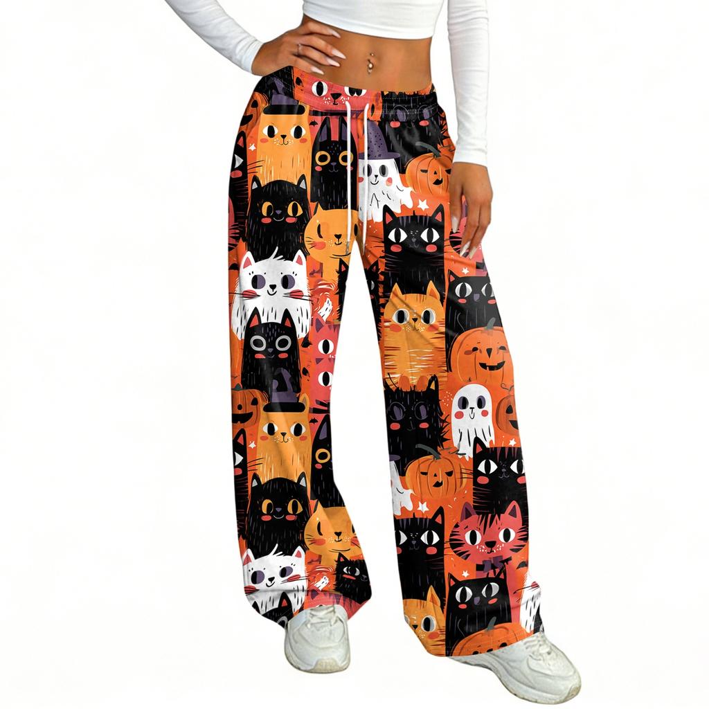 Women's Casual Halloween Print Loose Wide Leg Pants with Elastic Waist and Drawstring