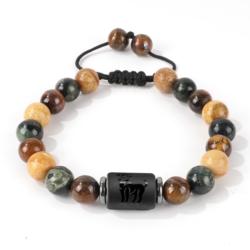 Vintage Zodiac Bracelet for Men 8mm Natural Black Onyx Tiger Eye Stone Star Sign Constellation Friendship Prayer Blessing Bracelet Gifts