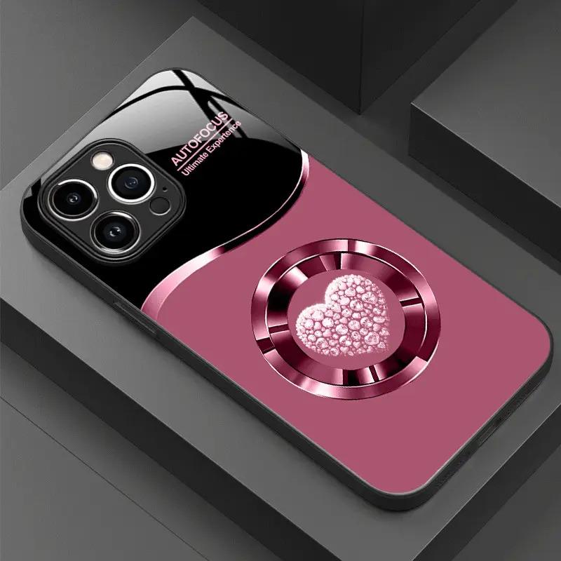 Electroplated Pink Heart phone case for iphone 17 pro max cover Built-in glass for iPhone 17 16 15 14 13 12 pm Pro Plus