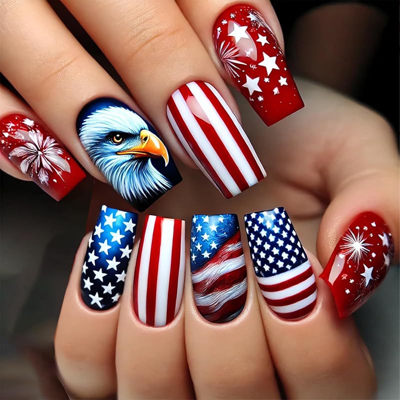 Heart American Flag False Nails Independence Day Press on Nails Bow French Tip Glue on Nail Glossy Short Square Acrylic Nail for Women DIY 4th of Independence Day Design 1