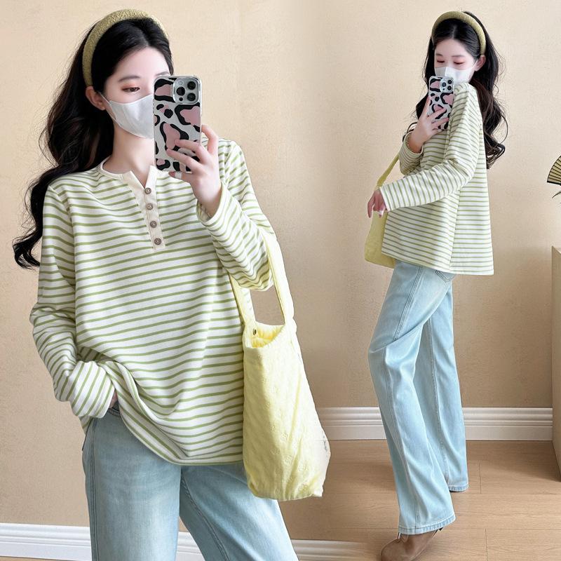 2026 Spring/Summer V-Neck Striped Casual Long Sleeve T-Shirt for Pregnant Women