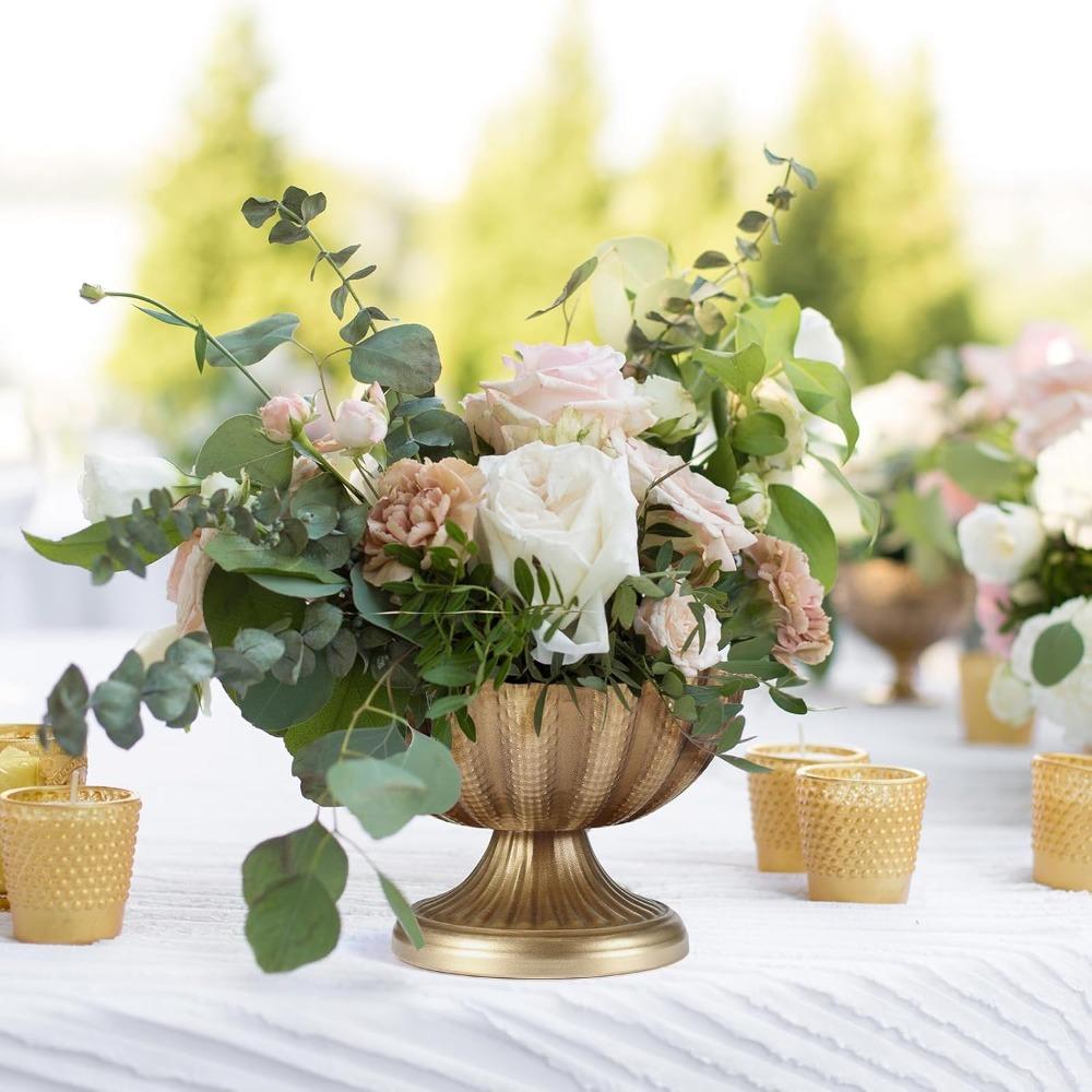 2pcs Distressed Golden Compote Pedestal Vases Antique Metal Large Golden Compote Bowl Vase for Centerpieces with Waterproof Liner