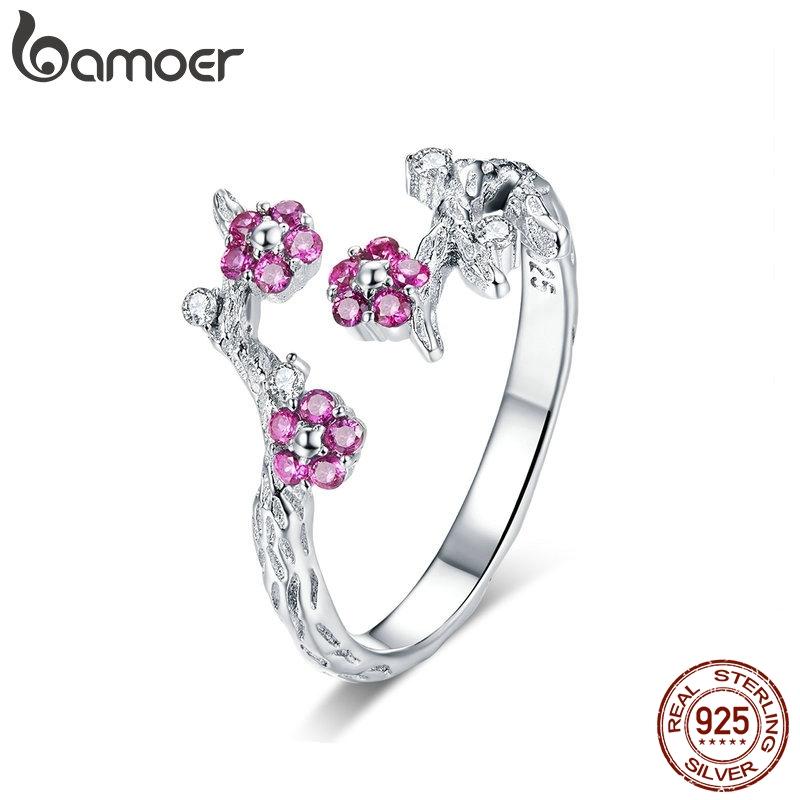 BAMOER 100% 925 Silver Winter Blooming Plum Flower Open Size Rings for Women Wedding Engagement Jewelry BSR022