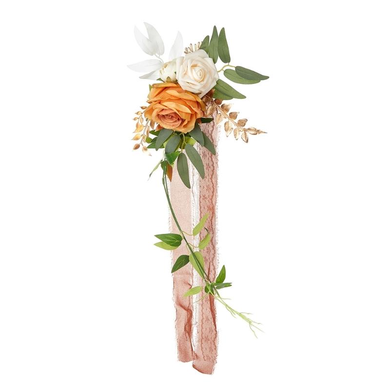 Wedding Aisle Pew Chair Flower Decorations with Long Ribbon Artificial Flower Arrangement for Church Wedding Ceremony оранжевый