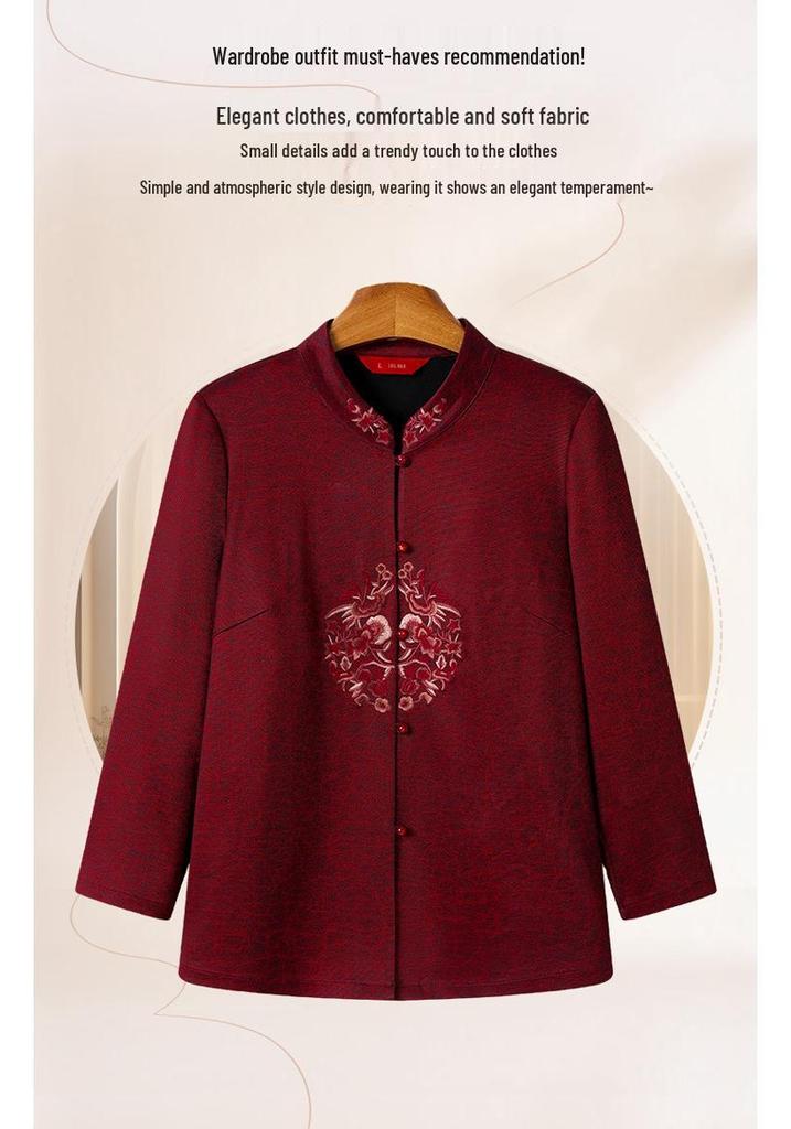 2026 Festive Tang Suit Shirt: Nine-Point Sleeve Chinese Style for Middle-Aged & Elderly Women