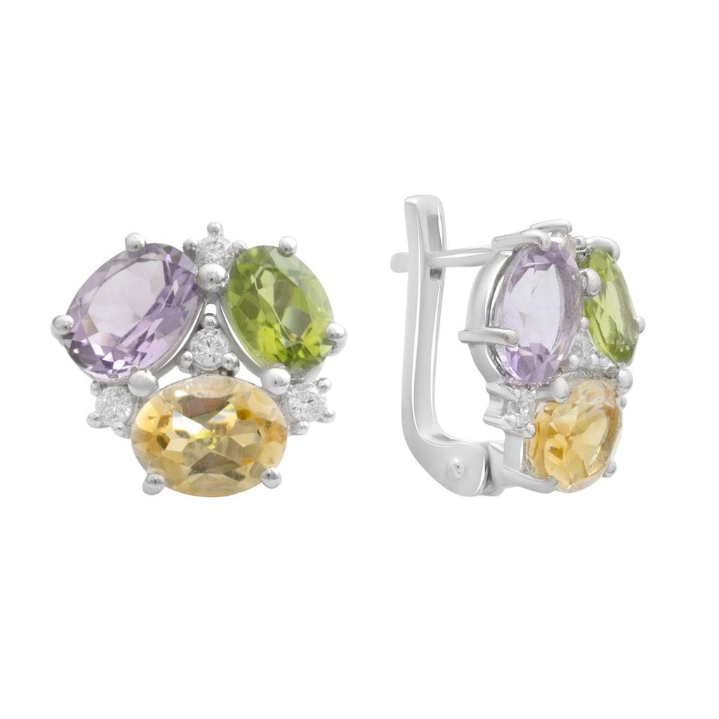 Серебряные серьги с натуральным аметистом 6.621ct, цитрином, хризолітом (2193289)
