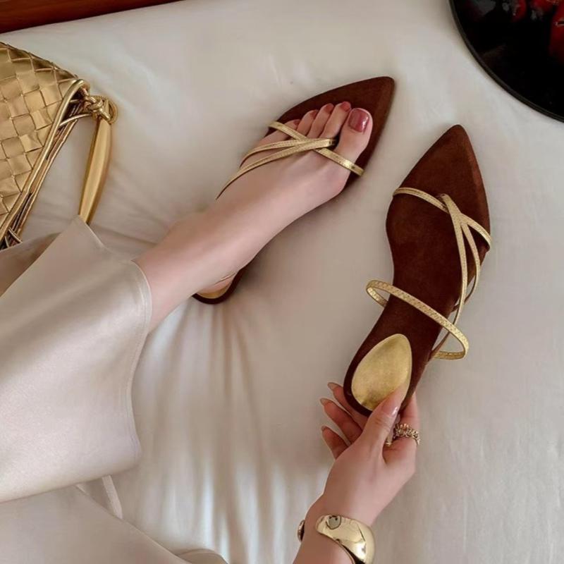 Fashion Romanesque Two-Wear Sandals Pointed Toe Shallow Mouth Open Toe Thin Strap Women's Outer Wear Anti-Slide Heel Flip-Flops