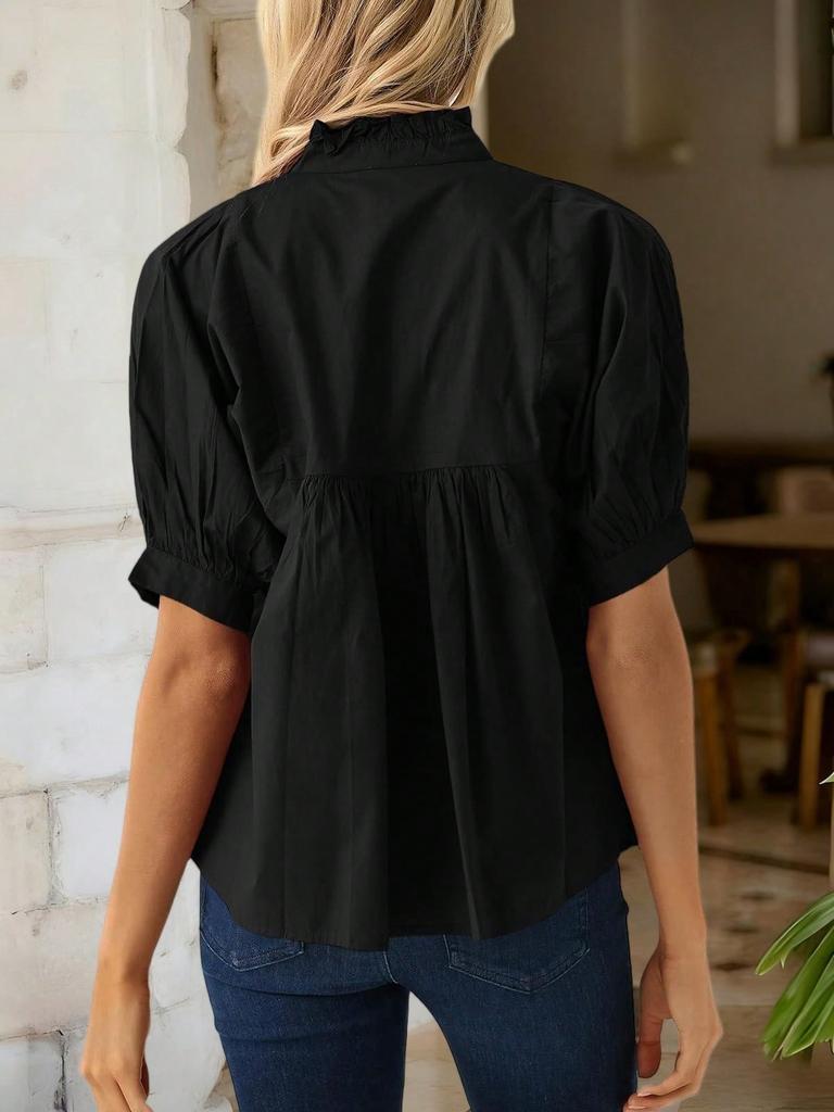 Women's Puff Sleeve V Neck Babydoll Blouse Peplum Pleated Loose Dressy Casual Top