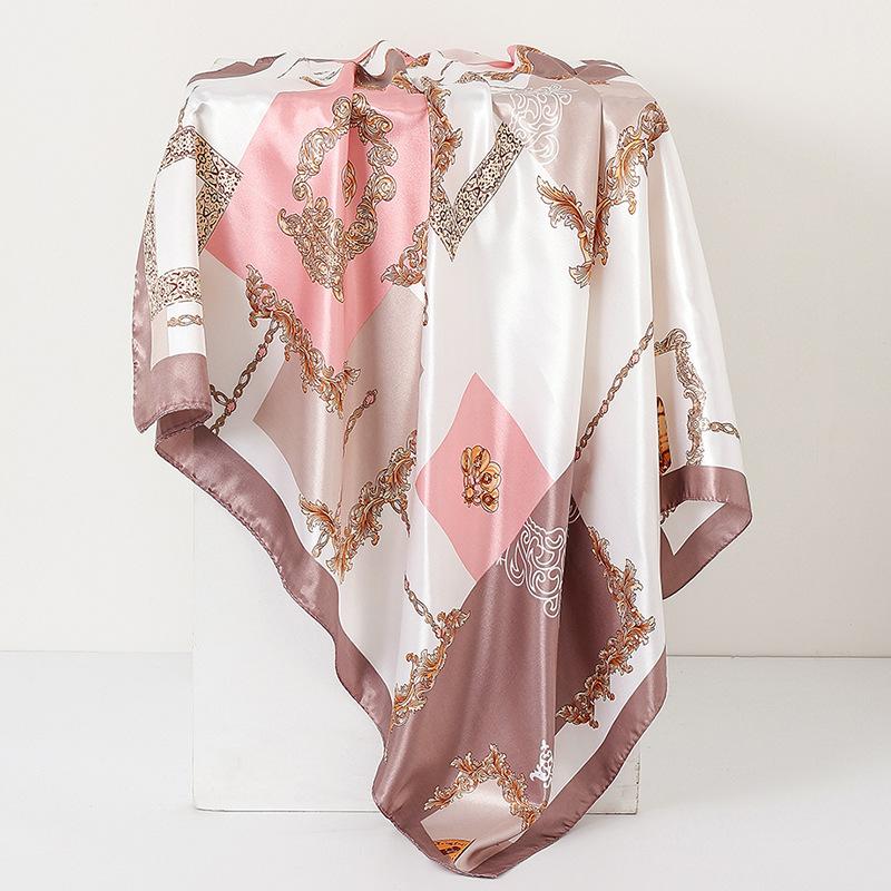 Elegant Silk Satin Scarf with Fashionable Floral Pattern, 90x90 Cm