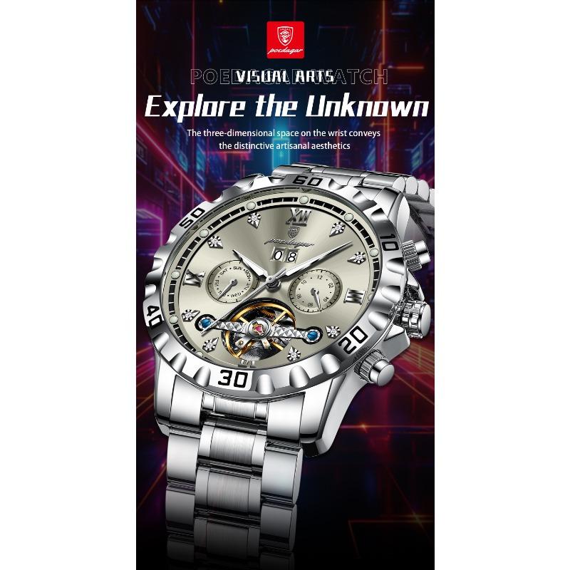 POEDAGAR Top Luxury Men Watch Automatic Date Week Man Wristwatch Hollow Tourbillon Mechanical Stainless Steel Watches