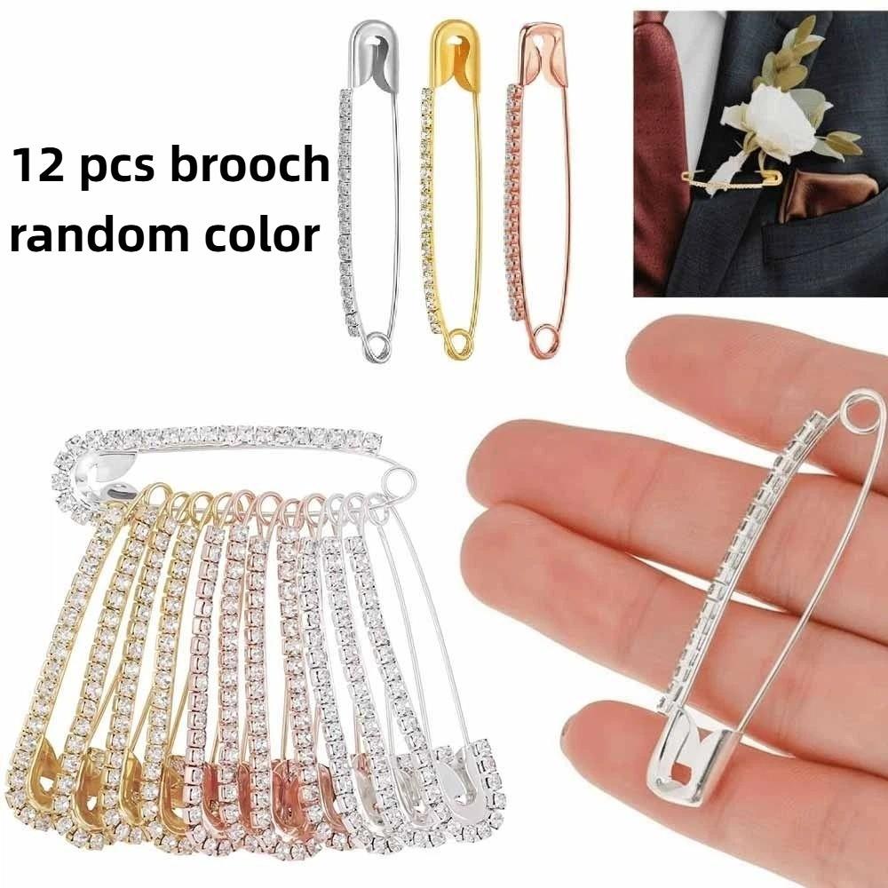 12PCS Shiny Pins Rhinestone Safety Pins Gold Rhinestone Large Brooches Pins Fancy Safety Pins  Women