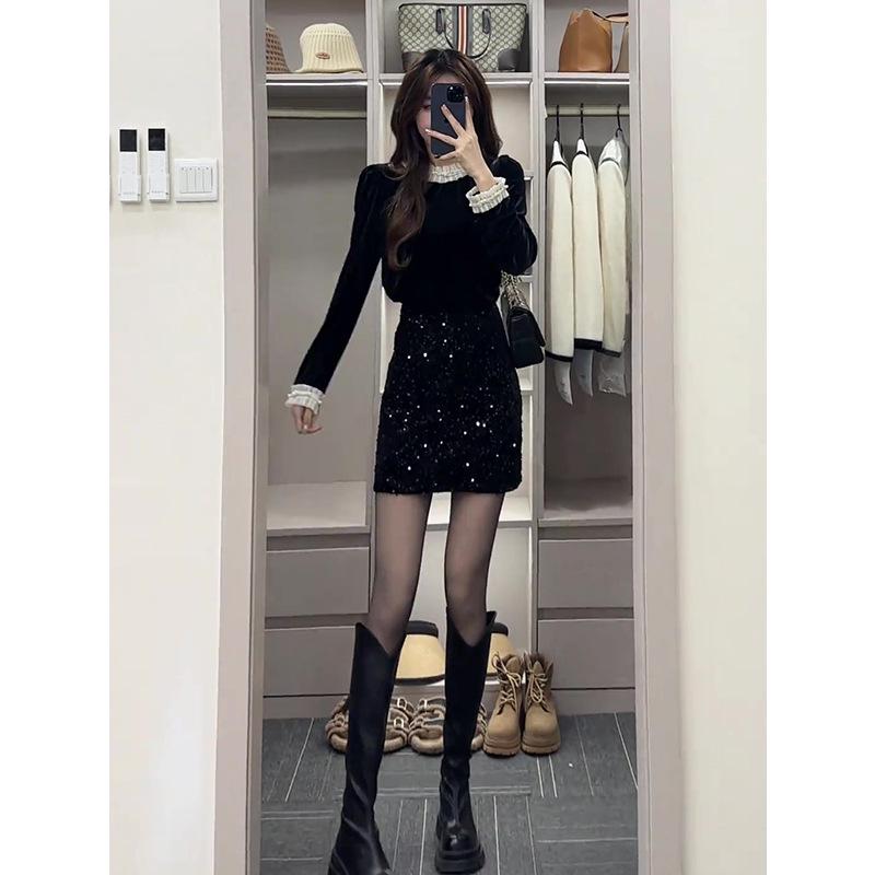 Women's Spring 2025 Black Velvet Lace Patchwork Top