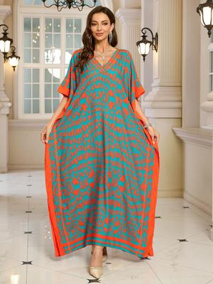 Kaftan for kvinner med abstrakt trykk, V-hals, lange ermer, maxi-kaftan, løstsittende, lounge-kaftan, strandferie Q1615-8766