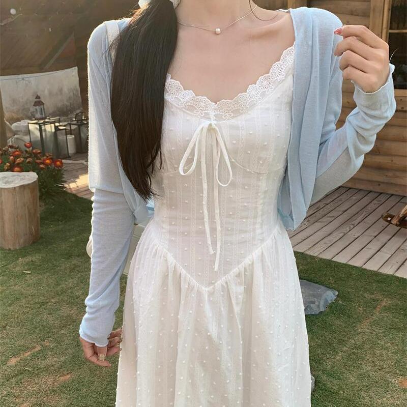 Korean Style Cream Puff Lace Summer Spaghetti Strap Dress XL