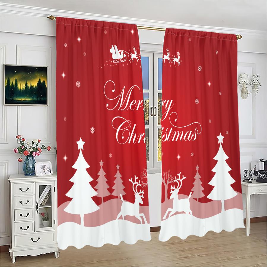 2pcs- Christmas Santa Claus Christmas Tree Pattern Printed Curtains   Christmas Decorations   Home Decorations   Room Decorations