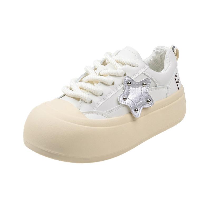 Muffin Sole Silver Star Ugly Cute Little White Shoes Women 2025 New Versatile Round Head Soft Sole Casual Student Board Shoes