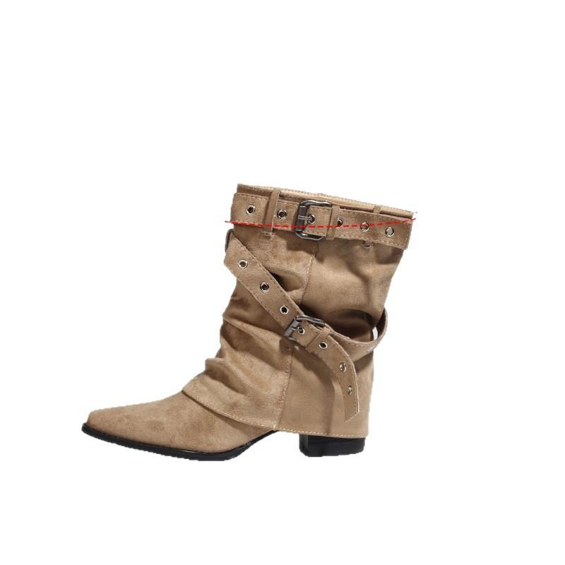 Boots Maillard 2025 New Autumn and Winter Niche Retro Belt Buckle Pointed Thick Heel Trousers Stacked Boots Short Boots Women