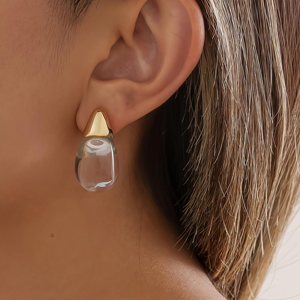 1 Pair Elegant Transparent Teardrop Earrings - Minimalist Chic Dangle Drops, KC Golden Plated for Women, Everyday & Party Jewelry