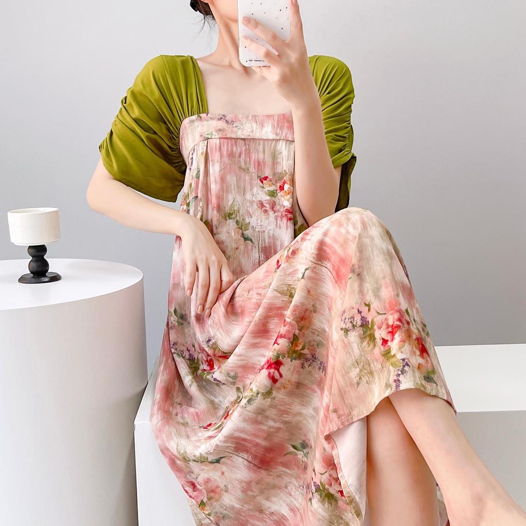 Women's nightgown thin short-sleeved printing light luxury simple breathable casual loungewear long skirt can be worn outside