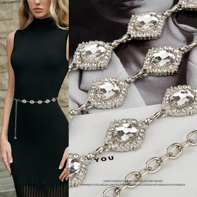 New Square Round Rhinestone Inlaid Waist Chain Women's Dress Decorative Thin Belt High-end Metal Waist Chain